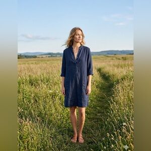 Rosso35 Italy linen Elegant Navy Blue Women's shirt Dress 14